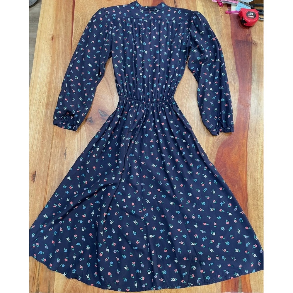Vintage Tiger Flower Navy Blue Floral Midi Dress Elastic Waist Long Sleeve 80s - Picture 1 of 14